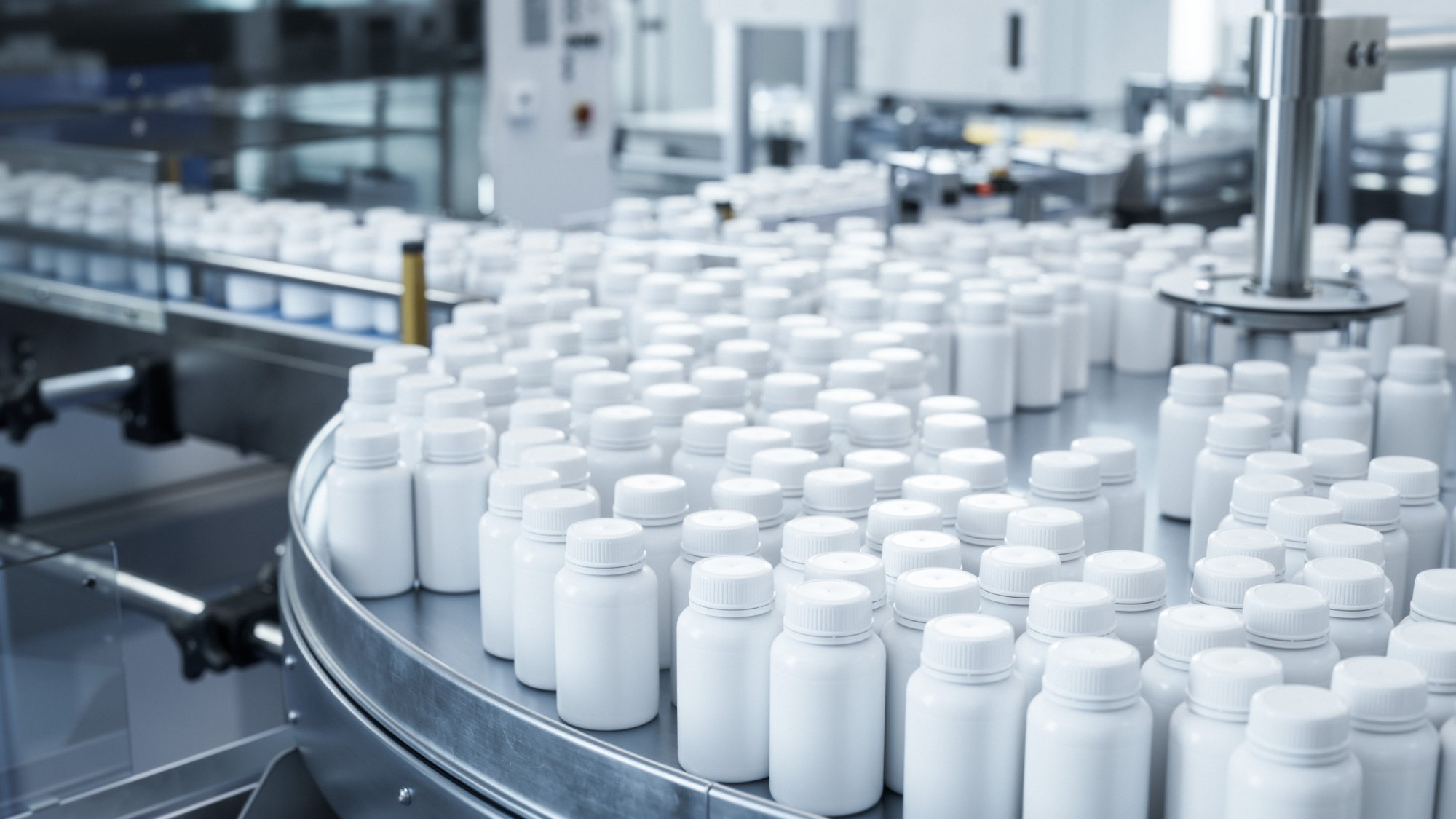 White Plastic Pill Bottles Moving on Rotary Conveyor at Pharmaceutical Production Plant. Medication Manufacturing Process at Pharmaceutical Drug Factory.